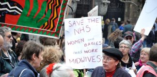 Trade unionists demand ‘Save the NHS’ and ‘More Midwives’ – but the Tory-led coalition is out to smash up the health service and hand services over to private businesses