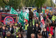 RMT and TSSA rail unions led a march against cuts announced in the coalition’s Comprehensive Spending Review last October