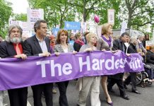 The front of yesterday’s march against the savage cuts to disability benefits by the Tory-LibDem coalition