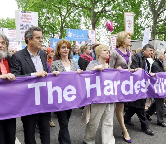 The front of yesterday’s march against the savage cuts to disability benefits by the Tory-LibDem coalition