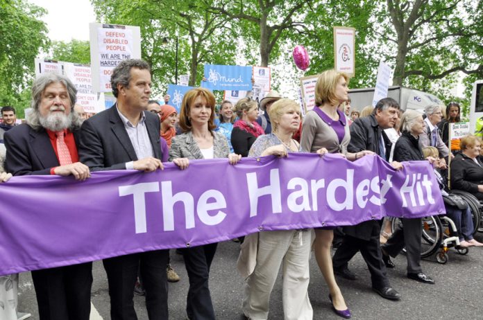 The front of yesterday’s march against the savage cuts to disability benefits by the Tory-LibDem coalition