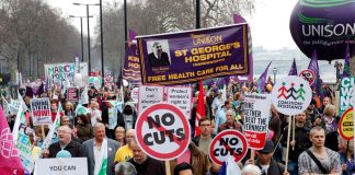 St George’s Hospital Unison on the giant TUC march against cuts. Some 500 posts are threatened at St George’s