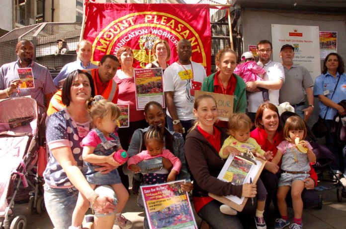 ‘Keep Our Nursery Open’, demanded protesting postal workers outside Mount Pleasant Mail Centre yesterday lunchtime