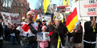 Tamils in London demonstrate against the Sri Lankan Army massacre of Tamils in 2009