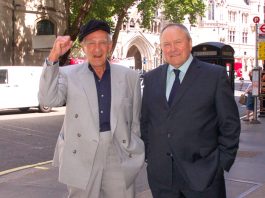 PETER CHAPPELL and GEORGE DAVIS celebrate their victory outside the Court of Appeal on Tuesday
