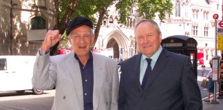 PETER CHAPPELL and GEORGE DAVIS celebrate their victory outside the Court of Appeal on Tuesday