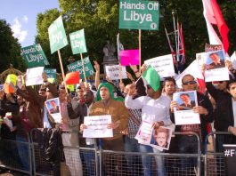 Hundreds demonstrated this week against President Obama’s state visit to Britain, demanding ‘Hands off Libya’