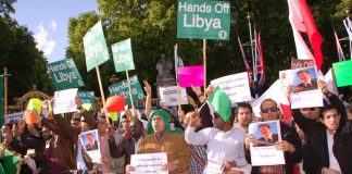 Hundreds demonstrated this week against President Obama’s state visit to Britain, demanding ‘Hands off Libya’