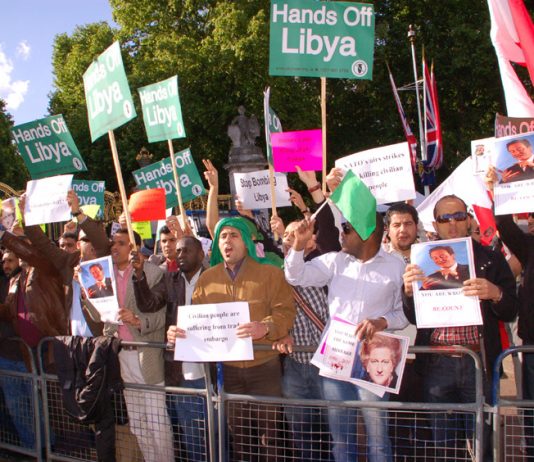 Hundreds demonstrated this week against President Obama’s state visit to Britain, demanding ‘Hands off Libya’