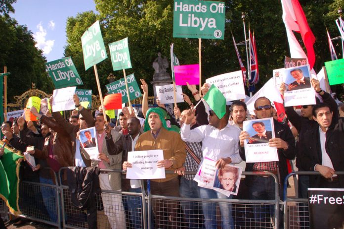 Hundreds demonstrated this week against President Obama’s state visit to Britain, demanding ‘Hands off Libya’