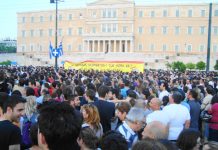 The Popular Assembly in session on Sunday night in the Vouli (parliament) square in Athens