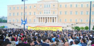 The Popular Assembly in session on Sunday night in the Vouli (parliament) square in Athens