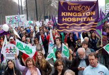 Kingston Hospital Unison banner – the massive increase in TB cases makes the defence of the NHS more urgent than ever