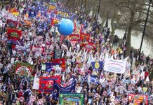 A section of the half a million-strong TUC march through London on March 26. Delegates at the GMB trade union conference yesterday responded angrily to attacks on the right to strike