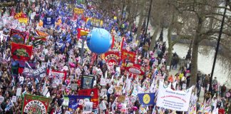 A section of the half a million-strong TUC march through London on March 26. Delegates at the GMB trade union conference yesterday responded angrily to attacks on the right to strike