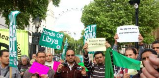 Libyan workers and youth demonstrating in London last month against the NATO-led attack on their country