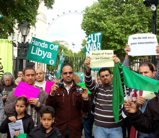 Libyan workers and youth demonstrating in London last month against the NATO-led attack on their country