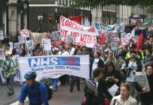 The front of last month’s 5,000-strong march from University College Hospital to Downing Street to demand the scrapping of the Tory coalition’s Health and Social Care Bill and no cuts to the NHS