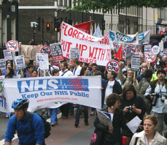 The front of last month’s 5,000-strong march from University College Hospital to Downing Street to demand the scrapping of the Tory coalition’s Health and Social Care Bill and no cuts to the NHS