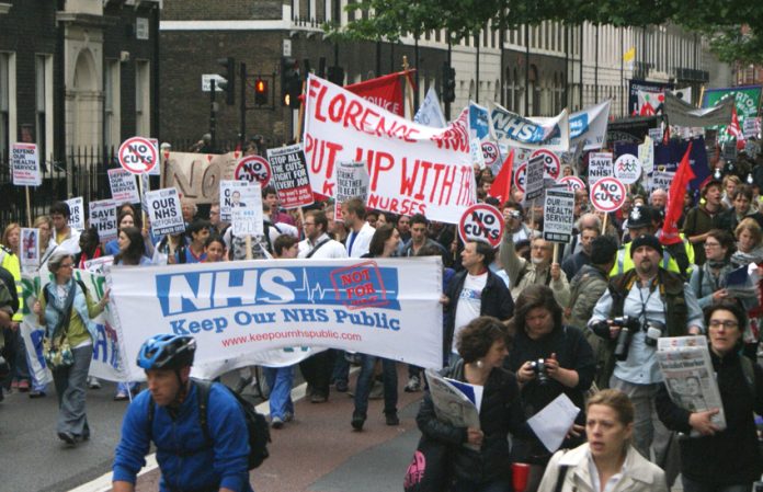 The front of last month’s 5,000-strong march from University College Hospital to Downing Street to demand the scrapping of the Tory coalition’s Health and Social Care Bill and no cuts to the NHS