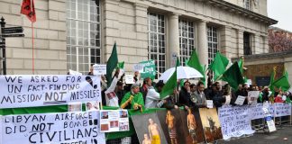 Libyans picket the Contact Group meeting between Western governments and representatives of the counter-revolutionaries in London at the end of March