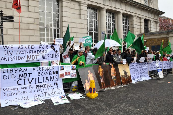 Libyans picket the Contact Group meeting between Western governments and representatives of the counter-revolutionaries in London at the end of March