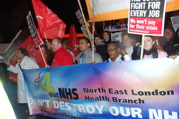 Medical staff and other hospital workers marching from Royal London Hospital to Bart’s Hospital in March to defend the NHS