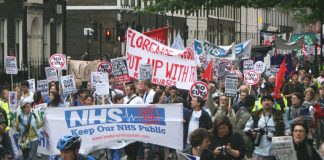 Campaigners marching from University College Hospital to the Department of Health in May demanding that NHS privatisation be stopped