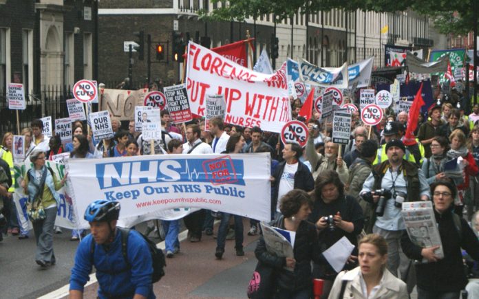 Campaigners marching from University College Hospital to the Department of Health in May demanding that NHS privatisation be stopped