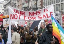 ‘The NHS is not for sale’ – trade unionists with a clear message in London on March 26 this year. They will march again today against the Health Bill