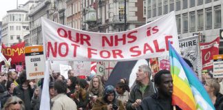 ‘The NHS is not for sale’ – trade unionists with a clear message in London on March 26 this year. They will march again today against the Health Bill