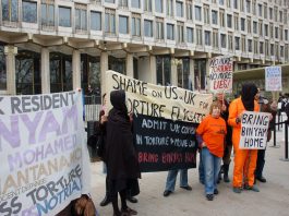 Demonstration in London in February 2009 demanding the release of Binyam Mohamed from Guantanamo prison where he was incarcerated after his rendition and torture