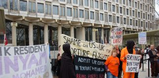 Demonstration in London in February 2009 demanding the release of Binyam Mohamed from Guantanamo prison where he was incarcerated after his rendition and torture
