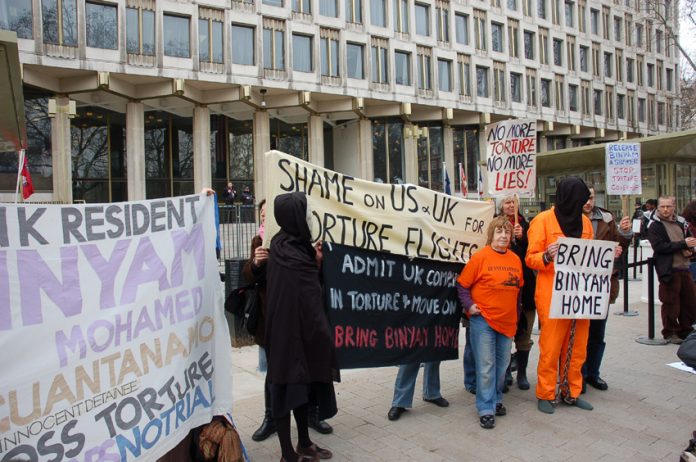 Demonstration in London in February 2009 demanding the release of Binyam Mohamed from Guantanamo prison where he was incarcerated after his rendition and torture