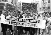 Sacked News International print workers marching in Fleet Street with a defiant message during their bitter 1986-87 strike