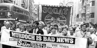 Sacked News International print workers marching in Fleet Street with a defiant message during their bitter 1986-87 strike