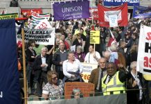 Pensioners and trade unionists at a Trafalgar Square rally. They are determined to defend all public services