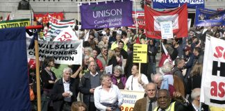 Pensioners and trade unionists at a Trafalgar Square rally. They are determined to defend all public services