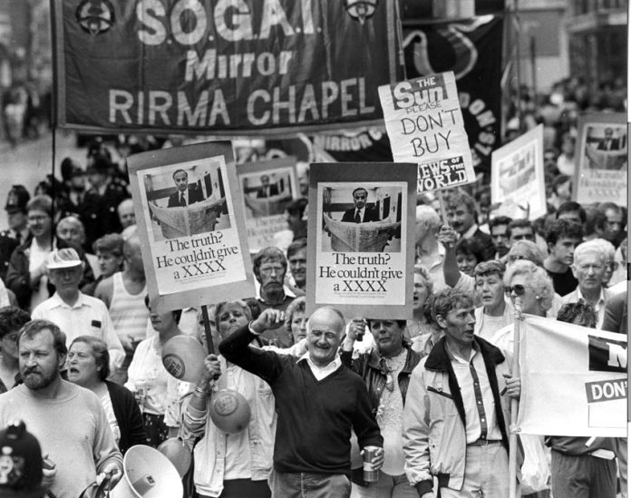 Sacked printers march against Murdoch during their year-long battle to defend jobs and union rights in 1986-87