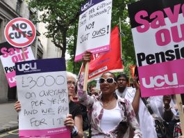 Members of the University and College Union take to the streets in defence of their pensions during the June 30 strike action