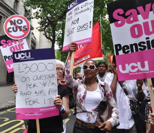 Members of the University and College Union take to the streets in defence of their pensions during the June 30 strike action