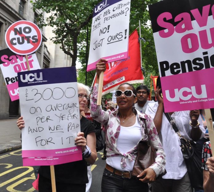 Members of the University and College Union take to the streets in defence of their pensions during the June 30 strike action