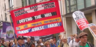 The banner of the North-East London Council of Action on the July 5 march to parliament on the 63rd anniversary of the NHS