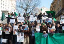 Libyan students and workers picketing Downing Street demanding the coalition stop the bombing of the Libyan people