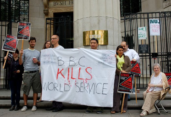 The picket line at Bush House. Howard Zhang (centre) told News Line ‘They are forcing people out who don’t want to go.’