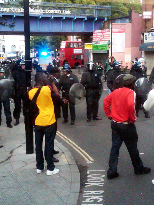 The police lines established themselves at Hackney Central station on Monday evening