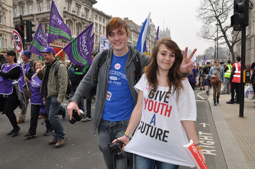 Young workers marching against the Tory-LibDem coalition. Mass sackings and cuts to services are causing mass unemployment