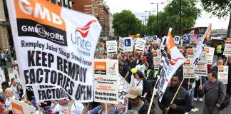 Remploy workers taking part in the national demonstration against cuts in disabled people’s benefits in May this year