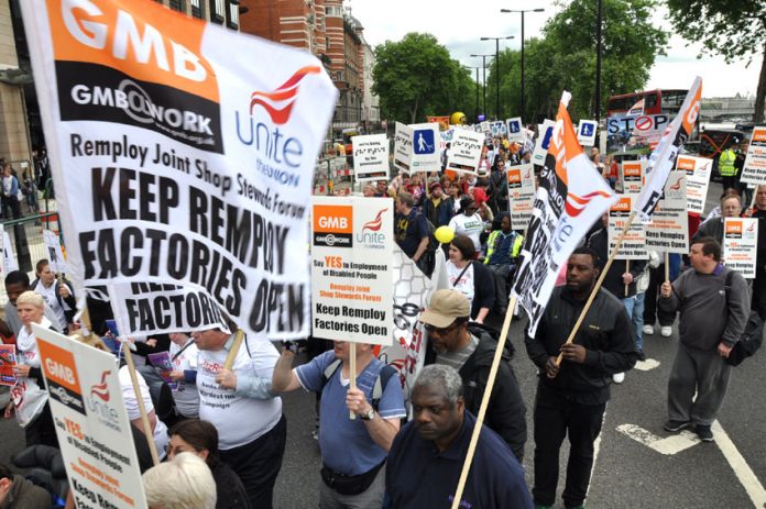 Remploy workers taking part in the national demonstration against cuts in disabled people’s benefits in May this year