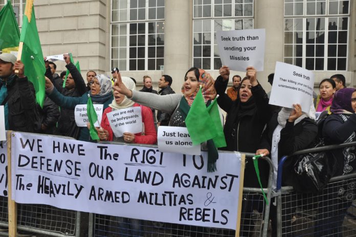 Libyans demonstrating in London to condemn the NATO bombing of Tripoli and NATO support for the counter-revolutionary ‘rebels’